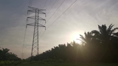 Elektrik iletim kulesinin etrafındaki sabah sahnesi 