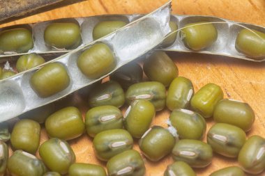 Yeşil fasulyelerin yakın çekimi. 