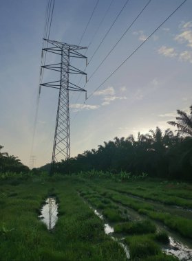 Elektrik iletim kulesinin etrafındaki sabah sahnesi 