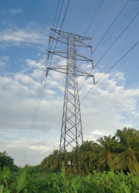 Elektrik iletim kulesinin etrafındaki sabah sahnesi 