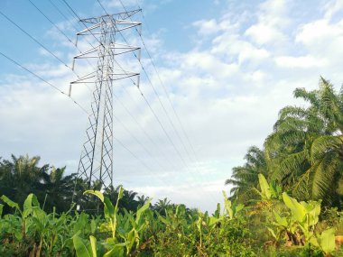 Elektrik iletim kulesinin etrafındaki sabah sahnesi 