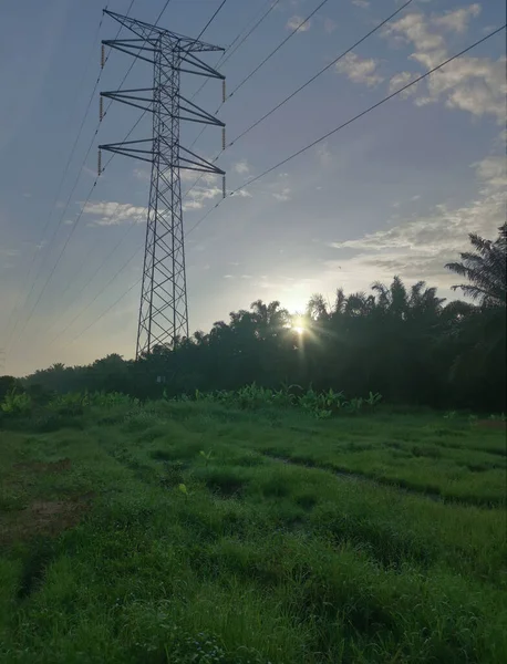 Elektrik iletim kulesinin etrafındaki sabah sahnesi 