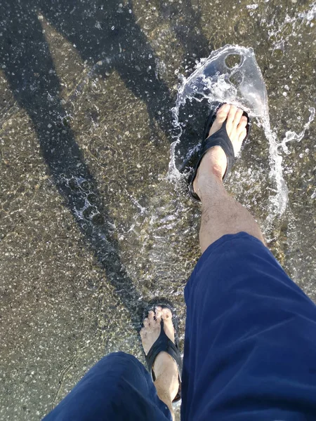 Look View Foot Stepping Puddle — Stock Photo, Image