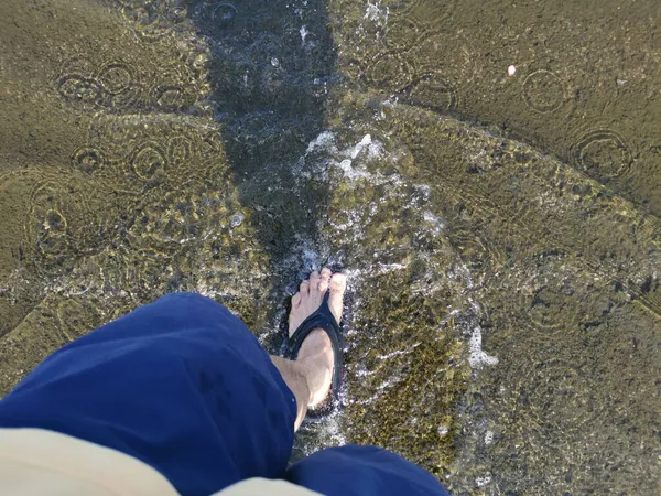 Look View Foot Stepping Puddle — Stock Photo, Image