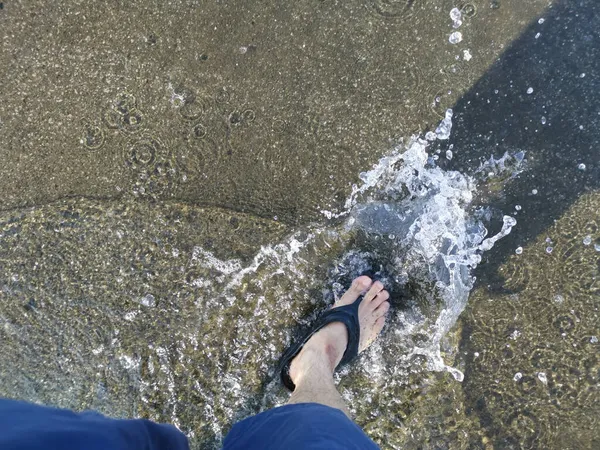 Look View Foot Stepping Puddle — Stock Photo, Image