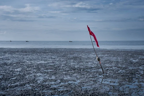 沼の海水浴場で低潮を示す赤い竹の旗竿 — ストック写真