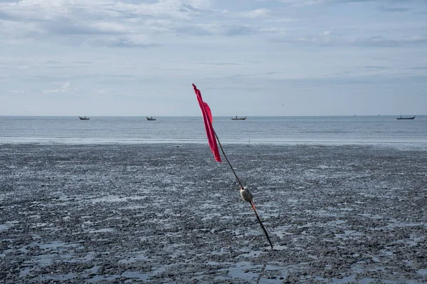 沼の海水浴場で低潮を示す赤い竹の旗竿 — ストック写真