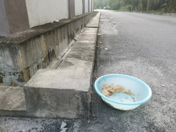 Evsiz hayvanları beslemek için yol kenarındaki açık mavi plastik kase..