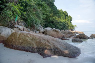scene of granite boulders by the beach