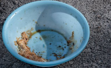 Evsiz hayvanları beslemek için yol kenarındaki açık mavi plastik kase..