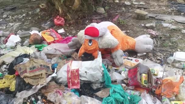2022年2月23日 马来西亚 佩拉克 一个废弃的毛茸茸的兔子玩具被扔到塔曼Mas 1垃圾场的场景 — 图库视频影像