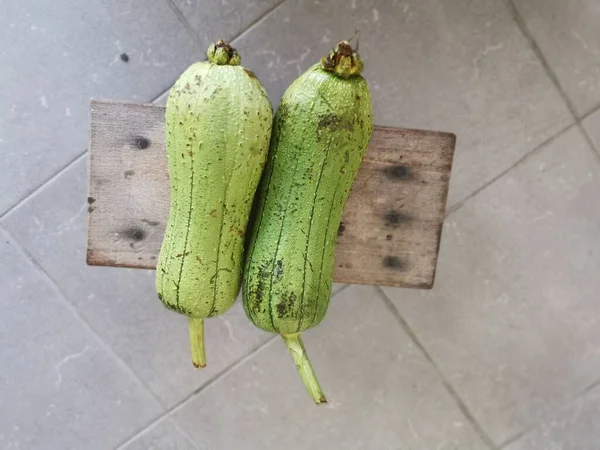 Twee Vers Geplukte Luffa Sigua Groente — Stockfoto