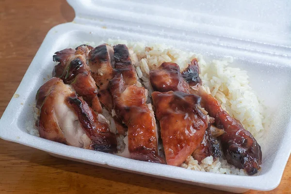 Grilled Black Honey Sauce Chicken Drumstick Rice Polystyrene Box — Stock Photo, Image