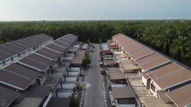 Yağ palmiyesi çiftçiliği çevreleyen kenar mahalle manzarası.