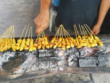 Salamura edilmiş ızgara çubukları ve ısırık büyüklüğünde tavuk eti..