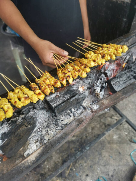 барбекю палочки маринованных и укусов куски куриного мяса.