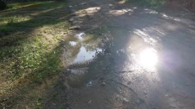 Kırsal yol boyunca akan yağmur suyu havuzu.