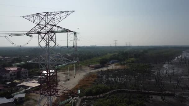 Aerial Morning Scene Electric Towers Street Swampy Beach — Video Stock