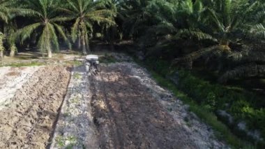 Perak, Malezya. 26 Mayıs 2022: Kampong Koh Özel Çiftliği 'nde traktörün boş tarım arazisini sürdüğü hava sahnesi.