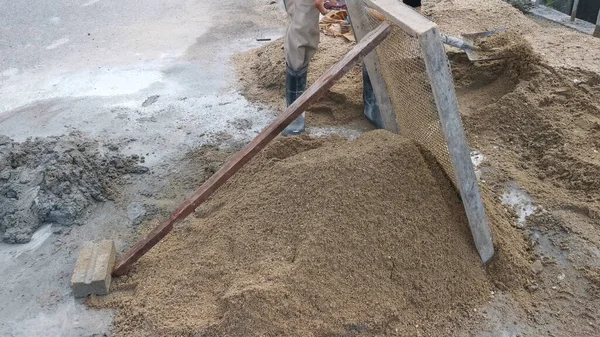 Construction Wooden Frame Sifter Finer Sand — Stock Photo, Image