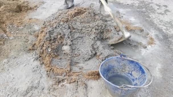 Manually Mixing Cement Sand Shovel Make Mortar — Stockvideo