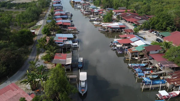 Aerial Scene Village Fishing Harbor River — Stok fotoğraf