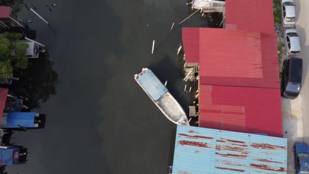 Aerial Scene Village Fishing Harbor River — стоковое видео