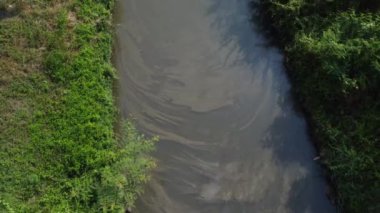 irrigation river polluted with oily liquid on water surface.
