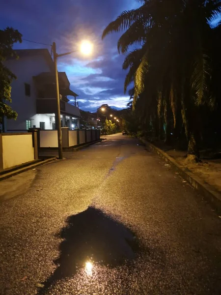 street scene at night after the rain
