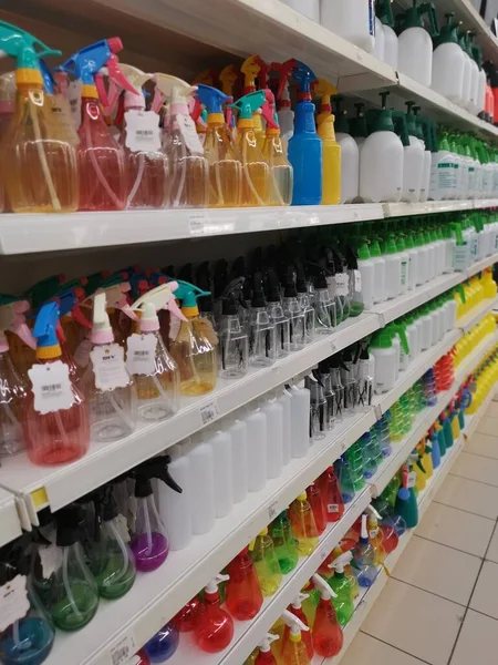 Perak Malaysia August 2022 Variety Plastic Spray Bottle Stacked Shelves — ストック写真
