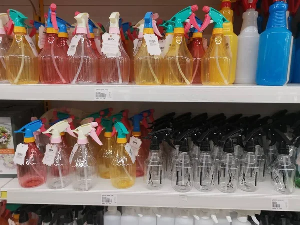 Different Types Plastic Bottles Shelf Supermarket — Stok fotoğraf