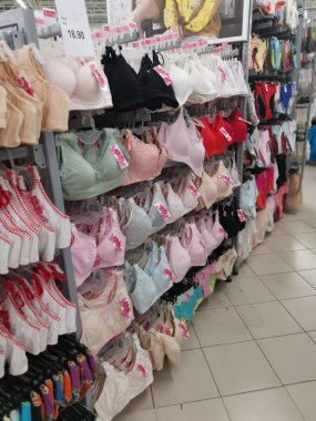 Perak,Malaysia.August 15,2022: Variety of colorful lady's undergarment is displaying on the rack for sale at Lotus Shopping Supermarket Sri Manjung