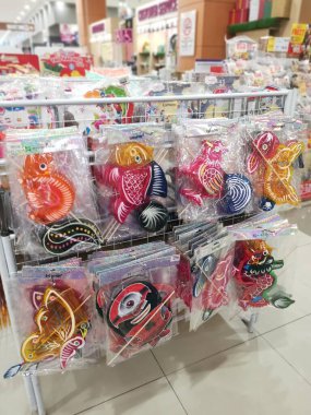 Perak,Malaysia.August 18,2022: Displaying variety of Chinese lantern designs for children toys on sale for the coming Mid-Autumn festival in Aeon Supermarket Sri Manjung.