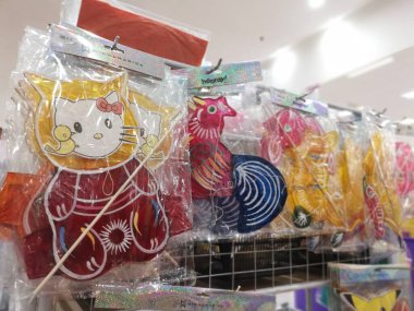 Perak,Malaysia.August 18,2022: Displaying variety of Chinese lantern designs for children toys on sale for the coming Mid-Autumn festival in Aeon Supermarket Sri Manjung.