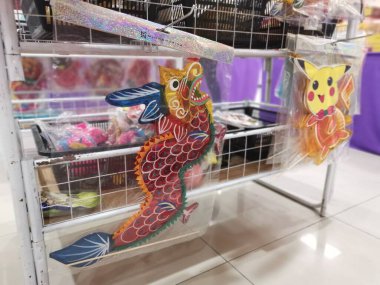 Perak,Malaysia.August 18,2022: Displaying variety of Chinese lantern designs for children toys on sale for the coming Mid-Autumn festival in Aeon Supermarket Sri Manjung.