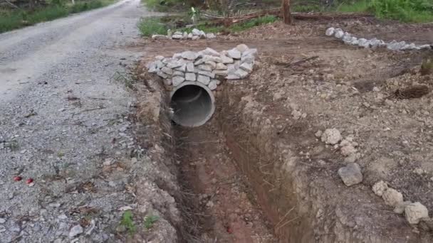 Concrete Cylindrical Drain Countryside Farm — Stock Video