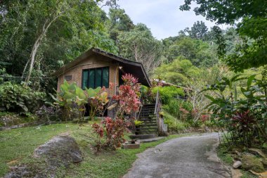 Perak, Malezya. 30 Eylül 2022: Yeşillik ve yeşilliklerin güzel manzarası Adeline Villa ve Dinlenme Evi, Gopeng çevresindeki peyzaj parkı.