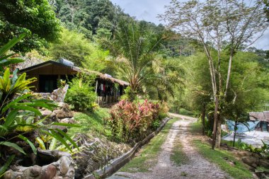 Perak, Malezya. 30 Eylül 2022: Yeşillik ve yeşilliklerin güzel manzarası Adeline Villa ve Dinlenme Evi, Gopeng çevresindeki peyzaj parkı.