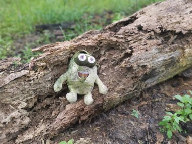 Perak, Malezya. 11 Ekim 2022: Kg Koh çöplüğündeki çalı tarlasına atılmış kirli bir kurbağa yumuşak oyuncağı.