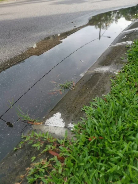 Reflective Puddle Stagnant Water Roadside Rain — Stock Photo, Image