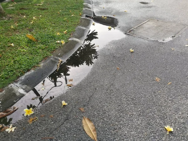 Pozzanghera Riflettente Con Acqua Stagnante Sul Bordo Della Strada Dopo — Foto Stock