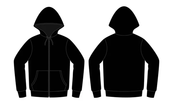 Blank Black Hoodie Jacket Template White Background Front Back View — Stock Vector