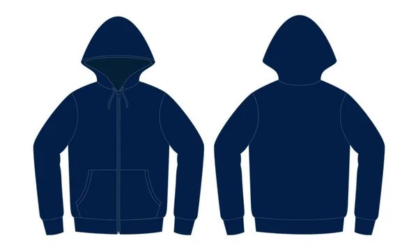 Beyaz Arkaplanda Boş Donanma Mavi Kapüşonlu Ceket Şablonu. Ön ve Arka Görünüm, Vektör Dosyası