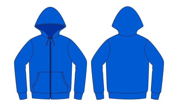 Beyaz Arkaplanda Boş Mavi Kapüşonlu Ceket Şablonu. Ön ve Arka Görünüm