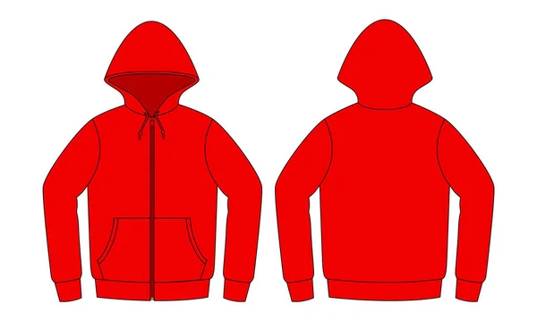 Beyaz Arkaplanda Boş Kırmızı Kapüşonlu Ceket Şablonu. Ön ve Arka Görünüm