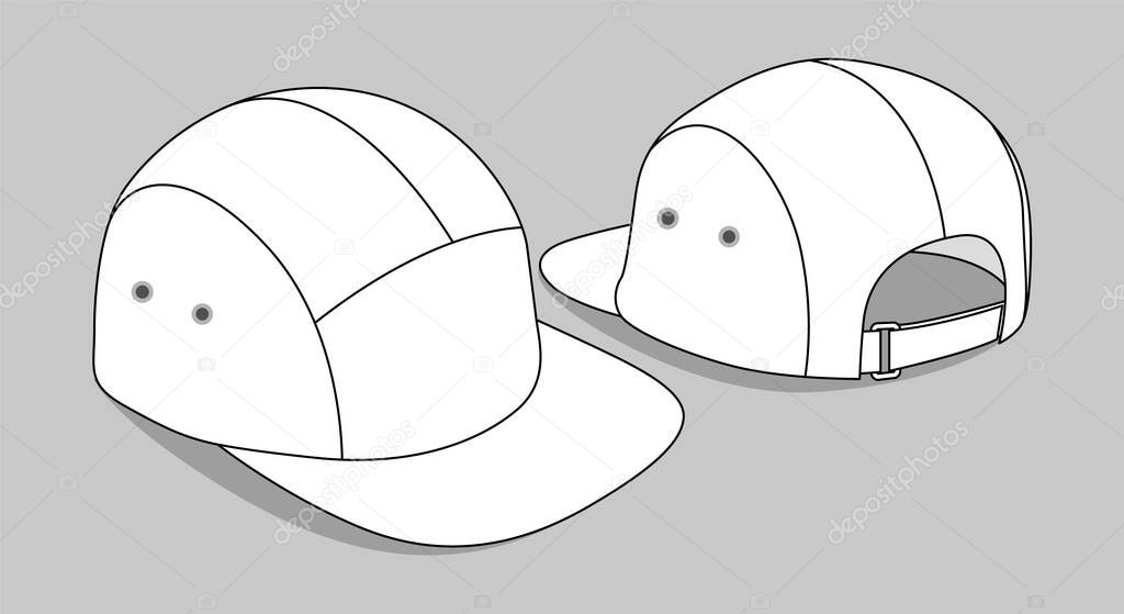 Blank white 5 panels cap with flat Brim cap and adjustable hook-loop fasteners template on gray background, vector file