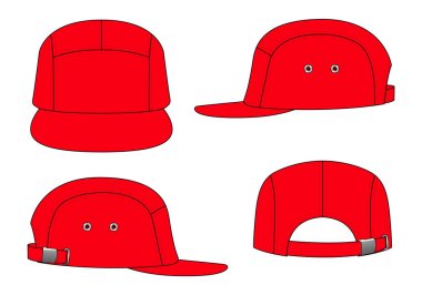 Red 5 Panels Cap With Flat Brim Cap And Adjustable Buckle Strap Template On White Background, Vector File