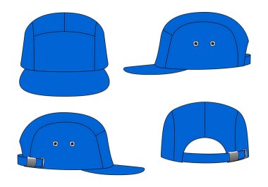 Blue 5 Panels Cap With Flat Brim Cap And Adjustable Buckle Strap Template On White Background, Vector File