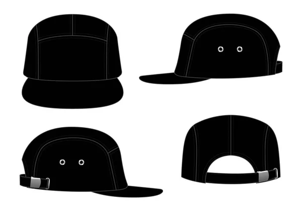 Black 5 Panels Cap With Flat Brim Cap And Adjustable Buckle Strap Template On White Background, Vector File