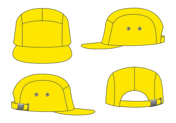 Yellow 5 Panels Cap With Flat Brim Cap And Adjustable Buckle Strap Template On White Background, Vector File